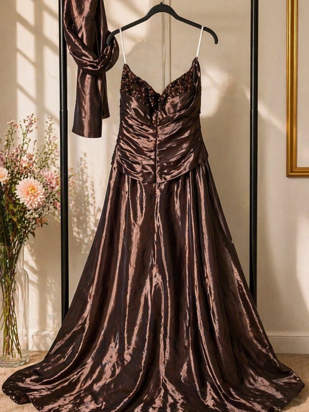 Jovani Brown Satin Formal Gown | Beaded Bodice | Prom Gala Evening Dress - Picture 2 of 3